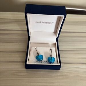 Vintage Sterling Silver Paul Kennedy Lampwork Blue Heart Earrings